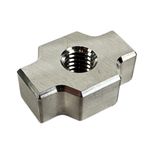 Metallic threaded nut with unique shape on white background.
