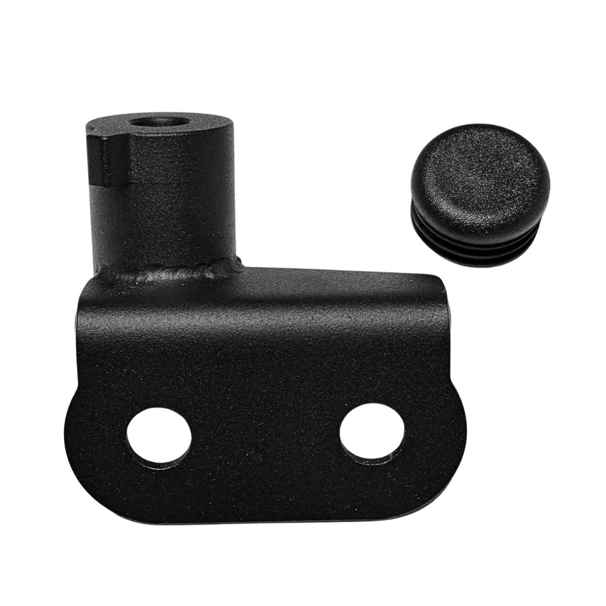 Black L-shaped metal bracket with two holes and plastic cap.