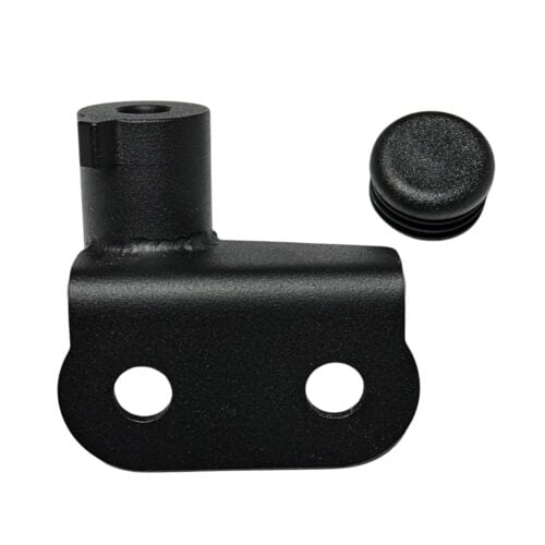 Black L-shaped metal bracket with two holes and plastic cap.