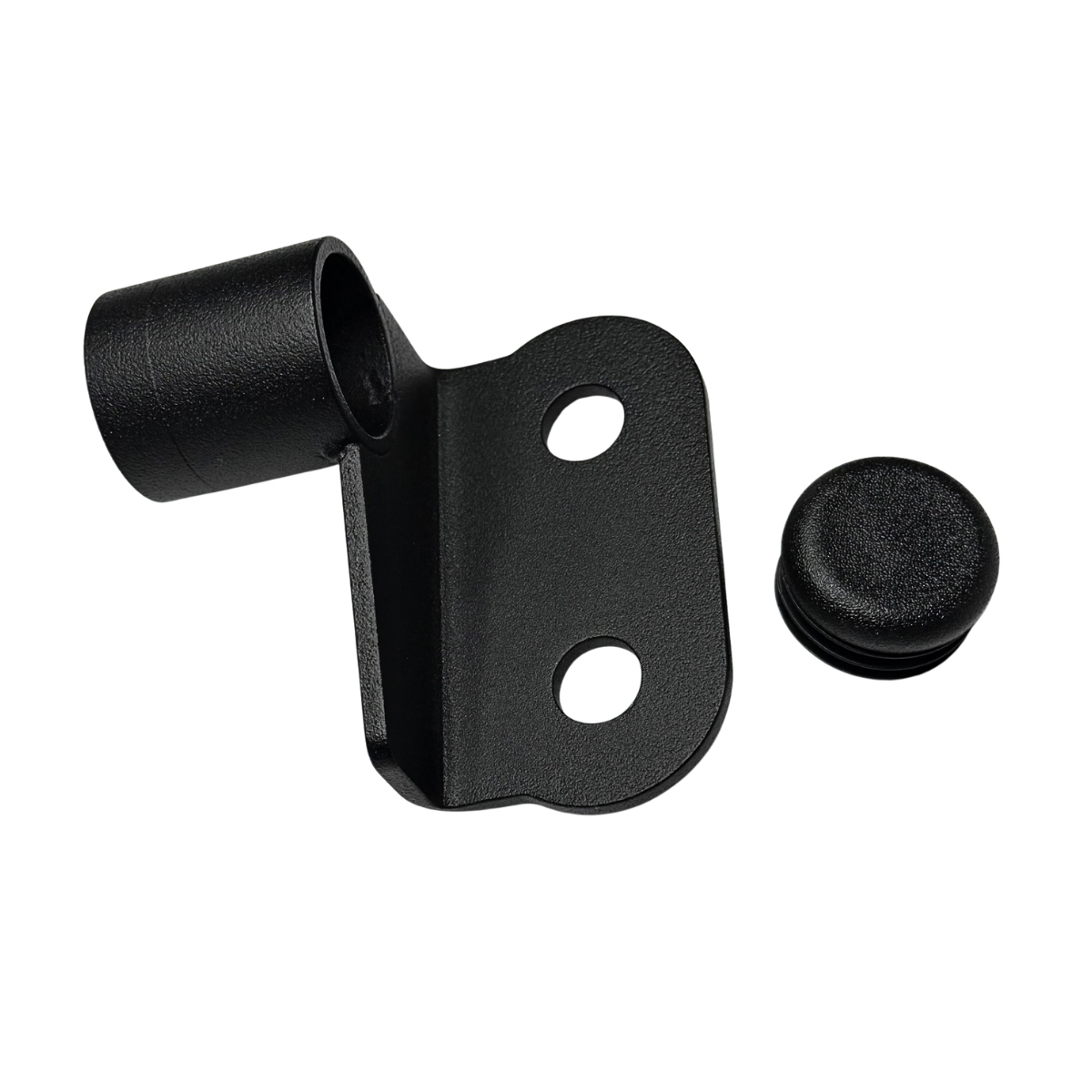 Black textured metal bracket with two holes and a round plastic cap.