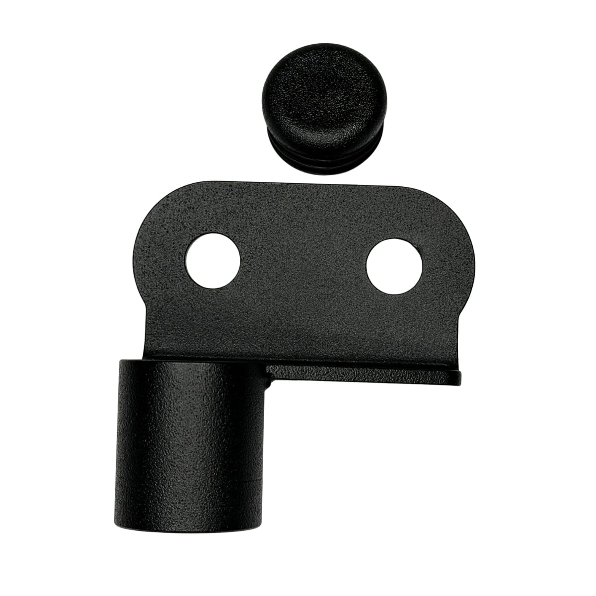 Black metal mounting bracket with two holes and a round cap.