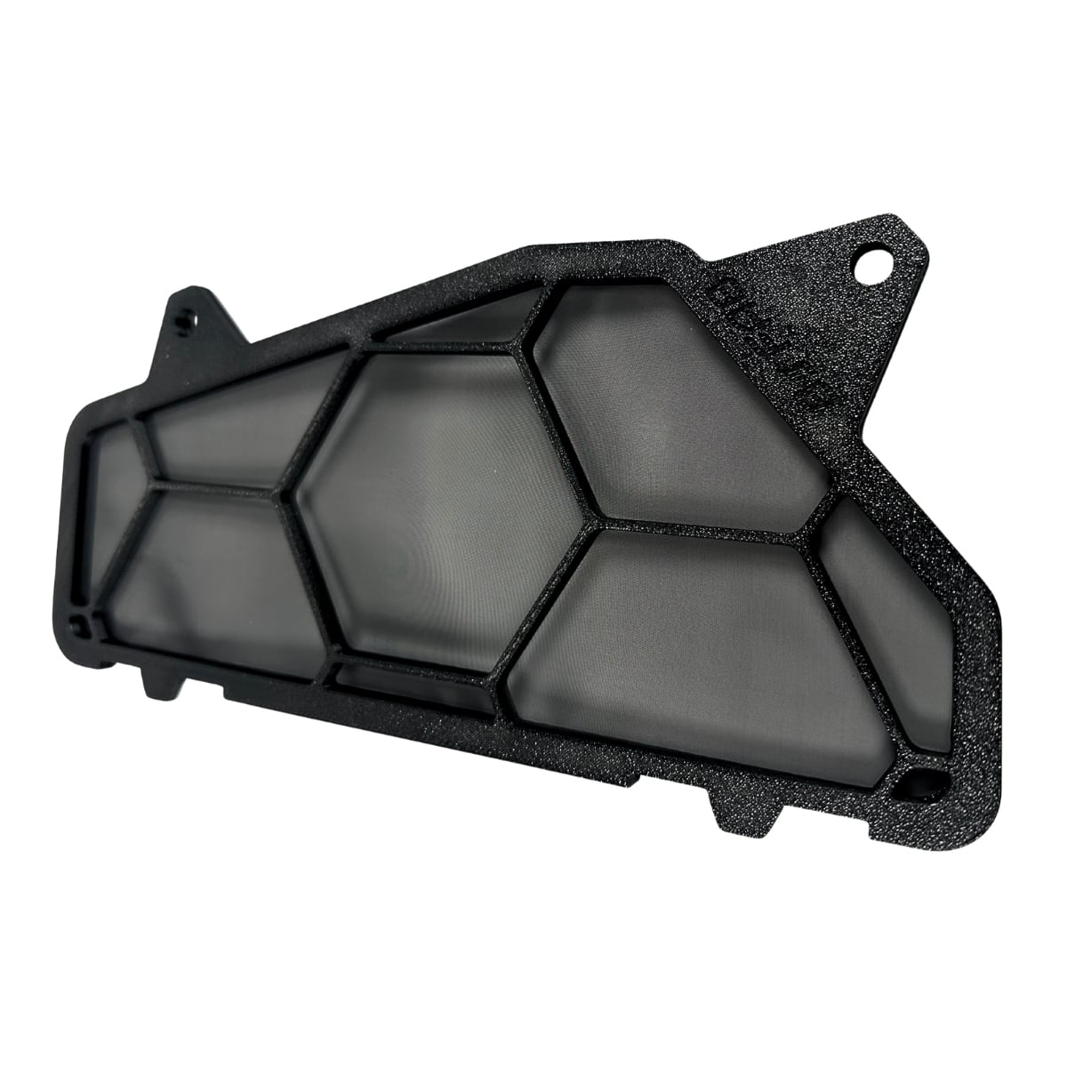 Black textured filter with honeycomb mesh design.