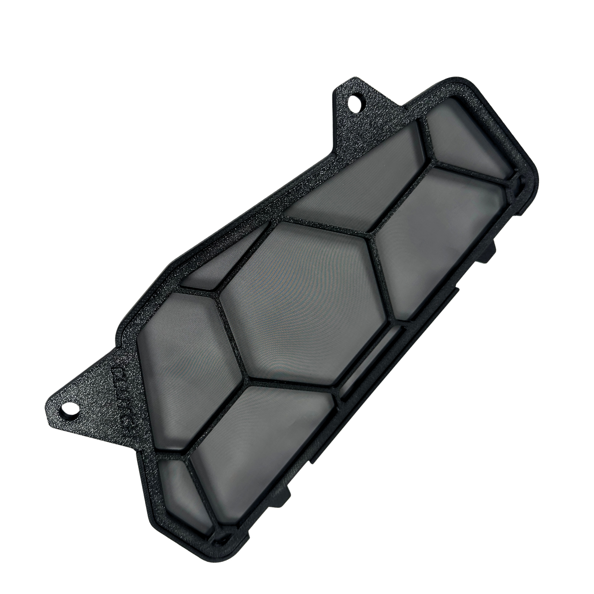 Black honeycomb mesh filter with mounting holes on white background.