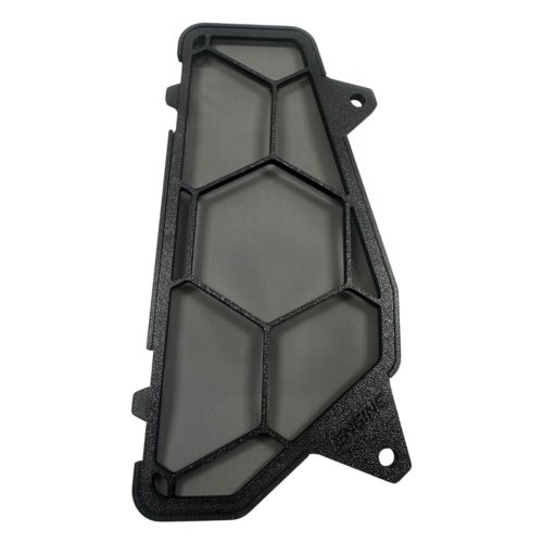 Black plastic engine air filter cover with honeycomb grid.