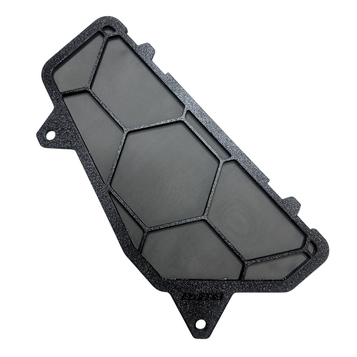 Black mesh filter with hexagonal frame on a white background.