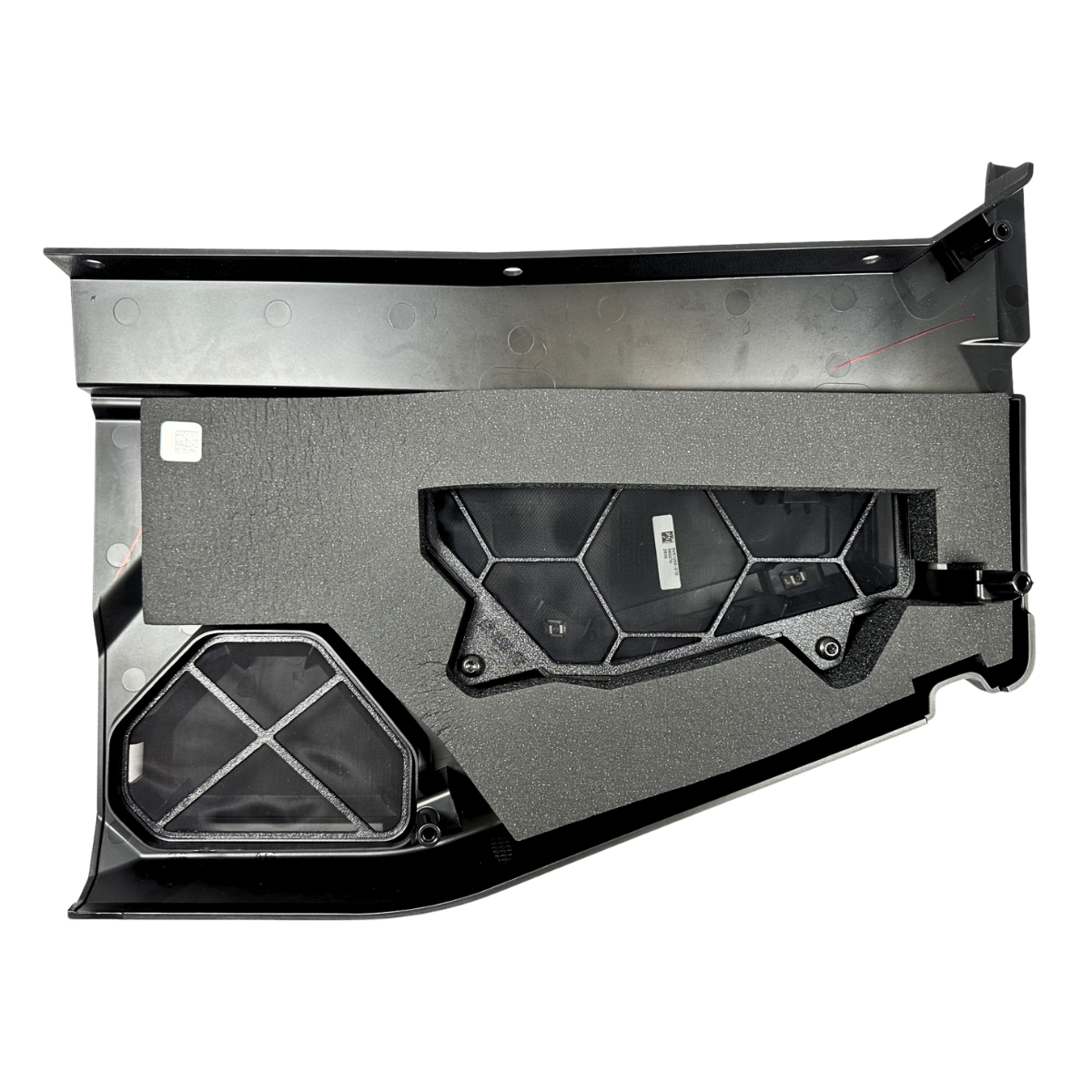 Automotive speaker panel with acoustic foam and grilles.