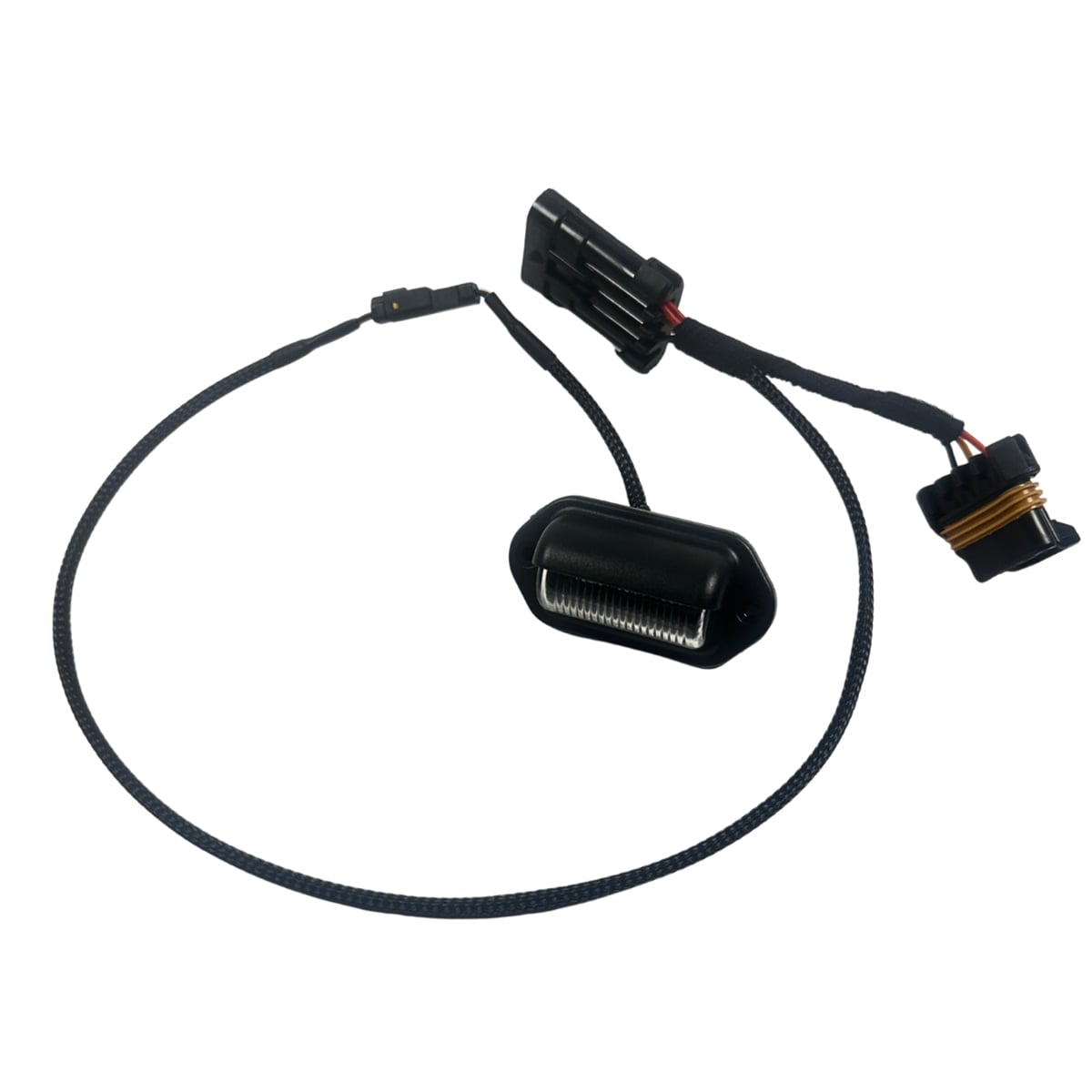 Automotive wiring harness with license plate light assembly.