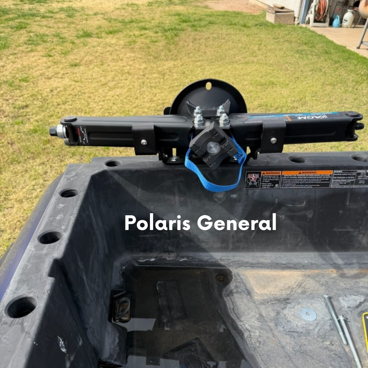 AGM manual jack mounted on a Polaris General UTV bed